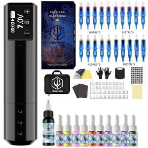 20개의 타투 카트리지 바늘 및 잉크 세트가 포함된 포세이돈 무선 로터리 머신 키트 | 초보자용 전문 휴대용 건 전체 스타터 용품(HM125)
