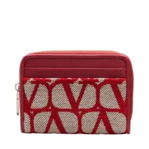 [명품]  레드 카프스킨  패브릭 V 로고 아이코노그래피 지퍼 여성 카드지갑