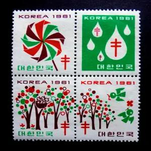 1961년 크리스마스 씰 우표 4종 풀세트(팔랑개비와 숲속의 새)