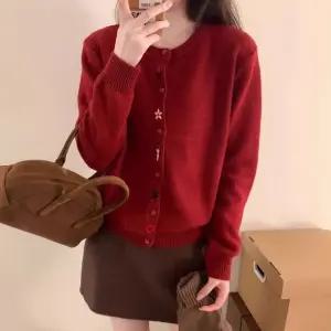 여성 라운드 넥 봄 가을 꽃 자수 니트 가디건 레드
