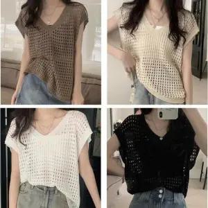 [피커]여성 여름 휴양지룩 레이어드 크롭티 펀칭니트 조끼