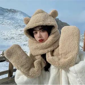 곰목도리장갑모자 3in1 일체형 겨울 머플러 털장갑 귀마개 넥워머 곰인형 겨울 털모자
