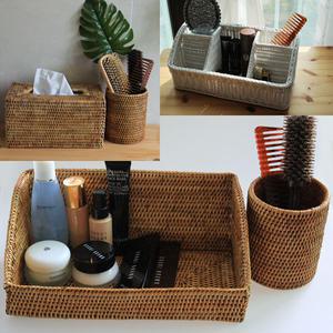 라탄 화장품정리함 빗통 티슈케이스 다용도정리함 브라운 화이트 인테리어 소품 직사각 정사각