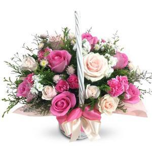 핑크장미혼합 꽃바구니 배달 당일 전국 꽃배달서비스 장미 출산 생일 축하 선물 프로포즈 결혼기념일