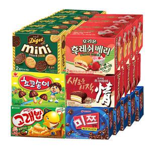 오리온 초코파이 78g+고래밥 46g+초코송이 50g+미쯔 60g+다이제 미니 80g+후레쉬베리 56gx각5개(총30개)
