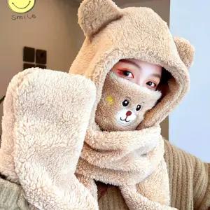 KC인증품 다기능 4in1 모자+목도리+장갑+마스크 일체형 겨울 머플러 털장갑 귀마개 넥워머 곰인형 겨울 털모자