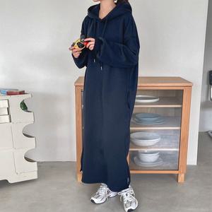문에이블 겨울 여자 여성 기모 후드 빅사이즈 루즈핏 임산부 데일리 롱 원피스