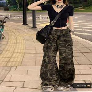 밀리터리 카고바지 와이드 여성 팬츠 초가을 복고풍 작업복 캐주얼 바지 밴딩