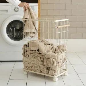 [가쯔] 우드 핸들 이동식 와이어 철제 빨래바구니 1단