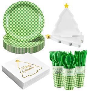 크리스마스 파티 용품 세트 168개, 그린 격자무늬 일회용 식기, 트리 모양 종이 접시 컵 냅킨 포크 스푼 나이프, 겨울 명절 축하용 24개 제공