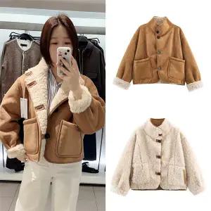 스웨이드 자켓 재킷 가죽 점퍼 겨울 세무 여성 여자 2025 카멜과 화이트 리버시블 긴팔 캐주얼 패션 다용도