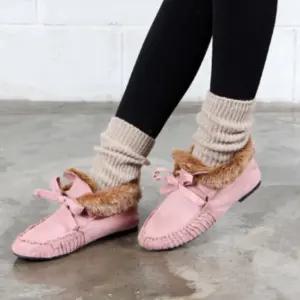 여성 겨울 모카신 리본 단화 플랫 방한화 털신 신발