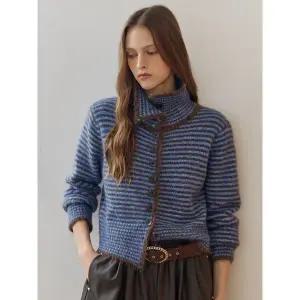 [마쟈]하이넥 카라 스트라이프 니트 가디건_P410578792