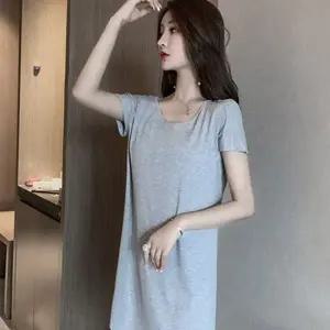 여성 홈 웨어 원피스 백리스 반팔 여자 여성 잠옷 원피스 라운드