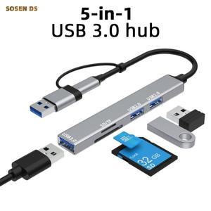 스플리터 SD 카드 리더기가 있는 5 in 2 USB 허브, 3.0/2.0 마이크로 SD/TF 및 C 타입 포트