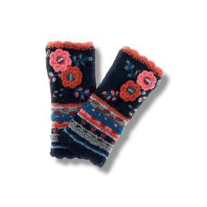 엘라 서스만 핸드 니트 손가락 없는 자수 꽃 장갑 울 플리스 안감 문자 메시지 팔 워머