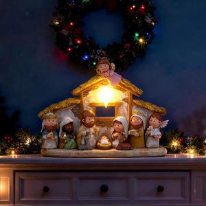 LED 조명이 있는 크리스마스 성탄 장면, 리틀 피플 세트 실내 장식, 선물용 구유 요정과 작은 동물이 이야기 피규어
