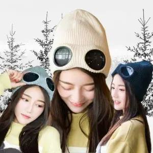 비니형 여성 고글 겨울 스키 모자 겨울 일체형 캐주얼 고글 모자 여자 비니