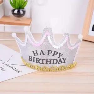 부직포 글리터 LED생일 왕관 머리띠(실버)