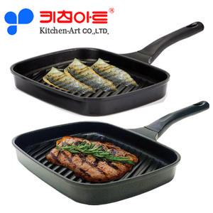 키친아트 다용도 멀티 그릴팬+유리뚜껑 인덕션 스테이크팬 생선구이팬 고기불판 삼겹살구이팬 캠핑 그리들