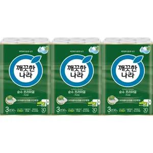 깨끗한나라 3겹데코 순수 프리미엄 화장지 노블 30mx30롤x3개/ 무형광/ 천연펄프/ 두루마리/ 광폭(107mm)
