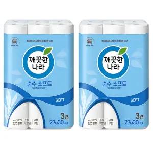 깨끗한나라 순수 소프트 엠보싱 3겹 27m 30롤x2팩 총60롤 천연펄프 화장지