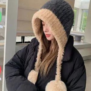 [하프클럽/]여성 투톤 배색 컬러 겨울 니트 방울 털 후드 모자