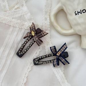 [디작소]여성 큐빅 체크 리본 옆머리핀 클립핀 헤어핀