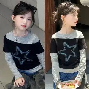 [삐삐네옷가게]여아 초등 키즈 블랙스타 레이어드 티셔츠