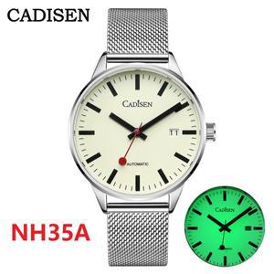 CADISEN 남성용 오토매틱 시계 야광 스테인레스 스틸 셀프 와인드 손목시계 NH35A 사파이어 방수 메쉬 벨트
