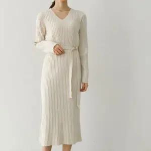 여자 봄 가을 겨울 골지 브이넥 니트 롱 원피스