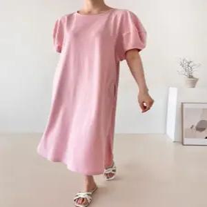여성 루즈핏 스판 아이스 퍼프 라운드 롱 원피스