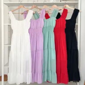 여자 여름 하늘하늘 쉬폰 무지 스퀘어넥 티어드 스모크밴딩 민소매 나시 롱 원피스 썸머 나들이룩 바캉스룩