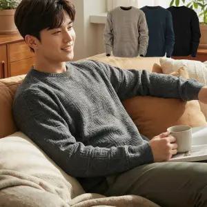 아센티 겨울 남성 기모 니트 티셔츠 극세사 라운드 티 고급 자가드 432