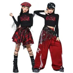 스우파 레드 태슬 초등 방송 댄스복 주니어 체크모자 아이돌 걸그룹