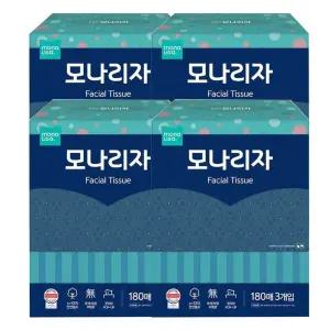 모나리자 미용티슈 각티슈 180매 3입 4팩/집들이/선물/무형광/뽑아/쓰는/리필/먼지/없는/부드러운/무표백