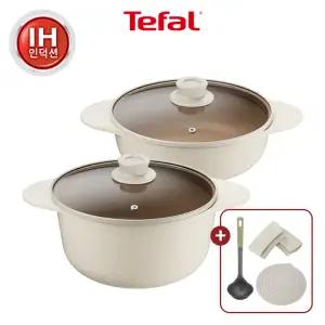 [테팔] 세라믹 인덕션 주물 아이콘 오트밀크 냄비2종(곰솥24+전골24)+실리콘 손잡이+냄비받침+에센셜 국자
