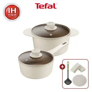 [테팔] 세라믹 인덕션 주물 아이콘 오트밀크 냄비2종(편수18+양수18)+실리콘 손잡이+냄비받침+에센셜국자