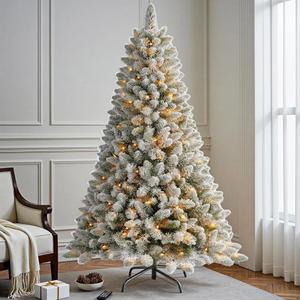 6피트 프리라이트 눈이 쌓인 크리스마스 트리, 250개의 따뜻한 흰색 LED 조명이 있는 인공 가문비나무 600개의 PVC 가지 팁, 간편한 조립/금속 스탠드/힌지 장식