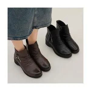 (천연소가죽) 캐주얼 양지퍼 발볼편한 기모 셔링 앵클부츠3cm