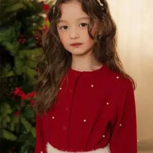 아기 레드 진주 가디건 여아 크리스마스 니트 포크칩스