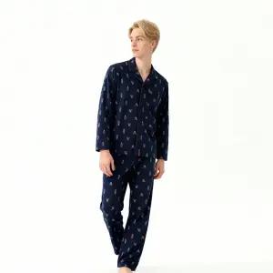 보디가드 남성 피치 기모 잠옷 세트 스판 남자 파자마 상하 겨울 따뜻한 네이비 편한 곰돌이 BBMNB921