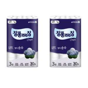 잘풀리는집 명작 순수 3겹 무형광 화장지 30m, 30롤, 2팩