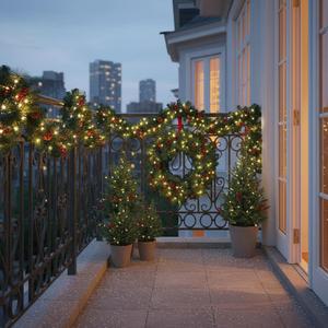 크리스마스 가랜드 리스, 솔방울과 붉은 열매 장식, 인공 LED 라탄 장식, 크리스마스 트리, 계단, 문, 홈 데코용