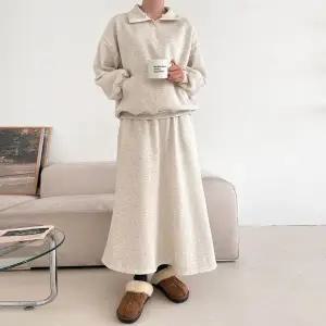 문에이블 여자 여성 겨울 루즈핏 하이넥 반집업 기모 따뜻한 데일리 맨투맨 밴딩 롱 스커트 세트