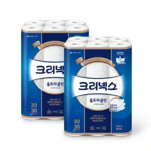 크리넥스 3겹 울트라 클린 롤화장지 천연펄프 27M 30롤 2팩