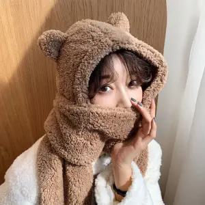 모자+목도리 일체형 곰인형 목도리모자 겨울 여성 털모자 넥 워머 머플러