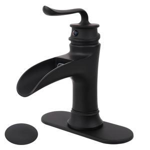 M OUDEMEI 솔리드 황동 폭포 분사 욕실 싱크대 수도꼭지, 1 또는 3 홀 데크 플레이트가 있는 싱글 핸들 화장실 4인치 센터셋 배니티 수도꼭지(배수구, 매트 블랙 포함)