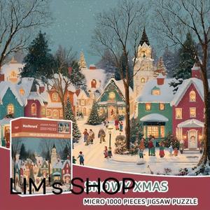 1000 크리스마스 눈 장면 미니 퍼즐 성인용 박스 38x26cm (15인치 X 102인치) 겨울 휴일 테마 직소퍼즐