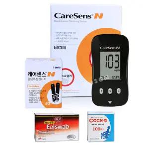 케어센스N 당뇨 검사 혈당계 시험지 세트[혈당측정기+측정지 60매+침110개+솜100매]